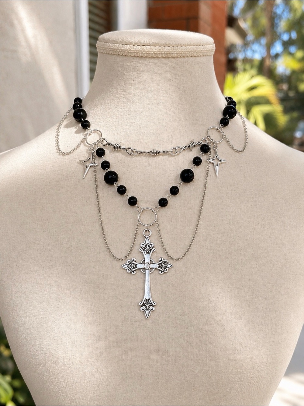 Gothic Black Onyx Cross Layered Necklace